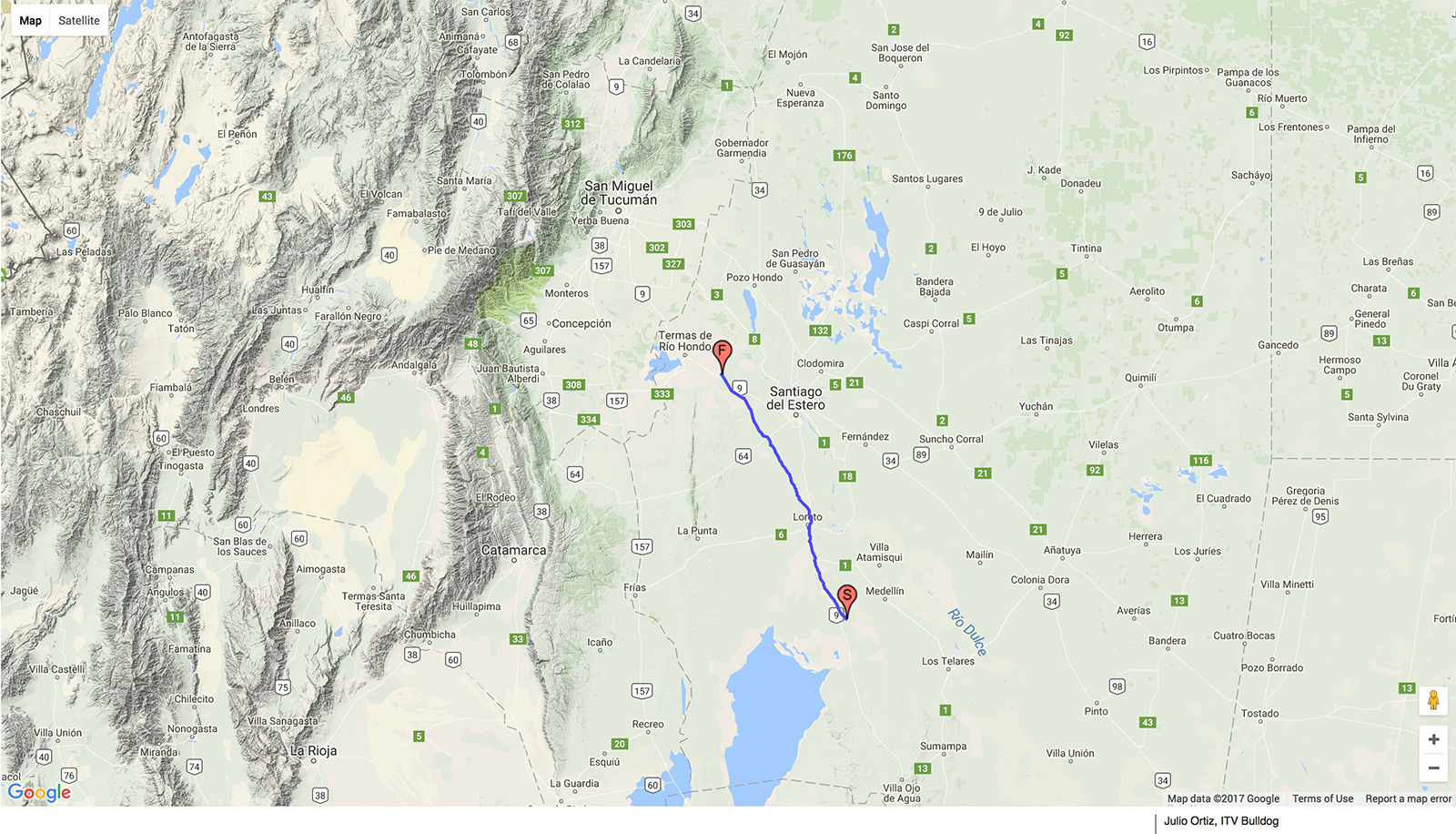 Mapa volando en paratrike a Tucumán